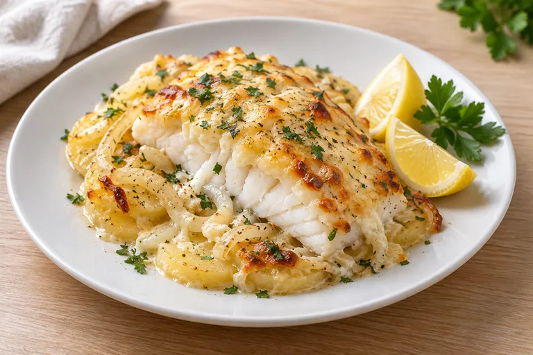 Cod baked with potatoes and sour cream