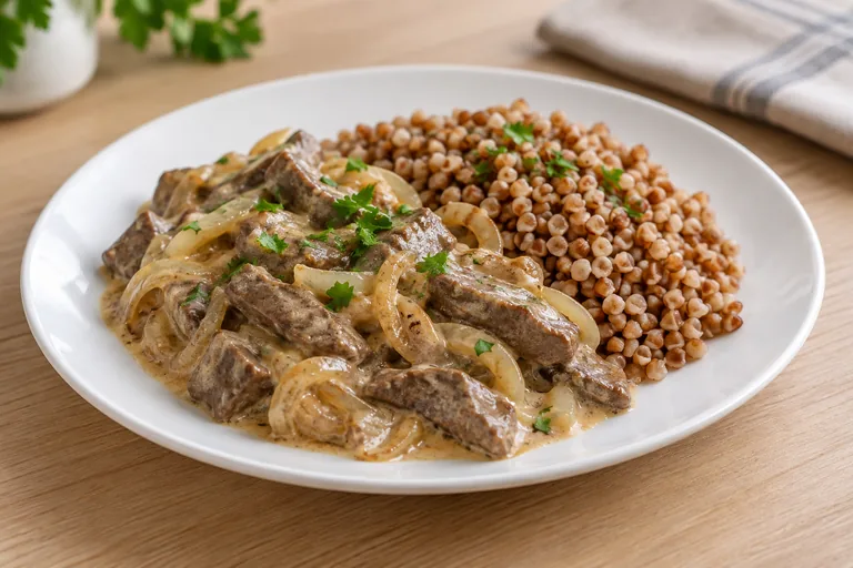 Печень по-строгановски с гречкой