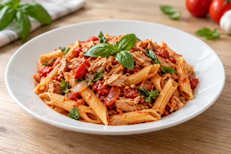 Nudeln mit Thunfisch in Tomatensauce